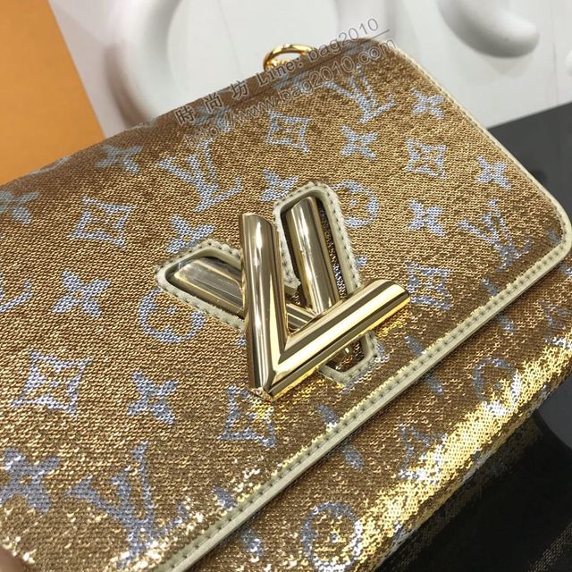 LV包 lv新款女包 M50280 金銀亮片 Monogram圖案TWIST手袋 lv鏈條單肩斜挎包  ydh3383